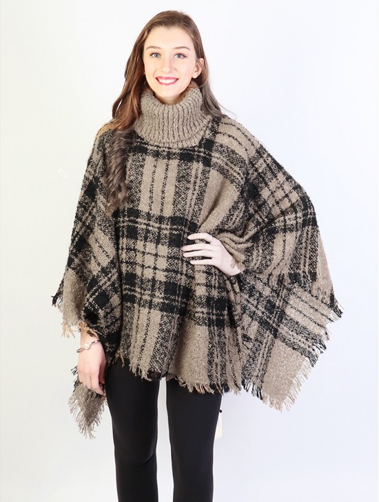 Loose Neck Poncho W/ Big Plaid